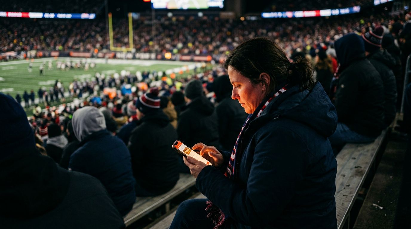 A parent ordering concession food from a phone while watching a football game