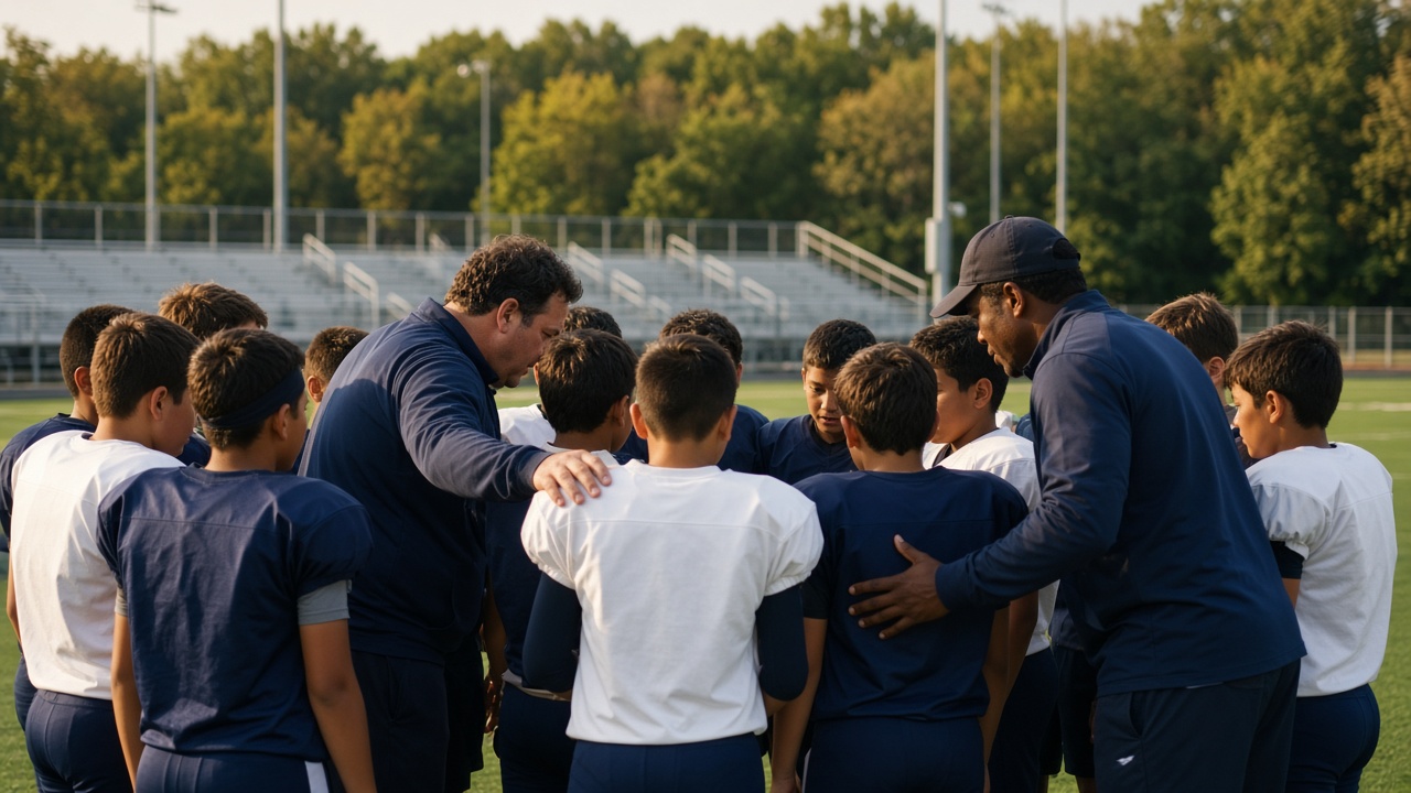 Coaches talk with a youth football team in a pregame huddle