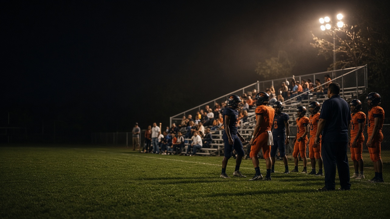 Youth football players and a coach stand under stadium lights beside local bleachers
