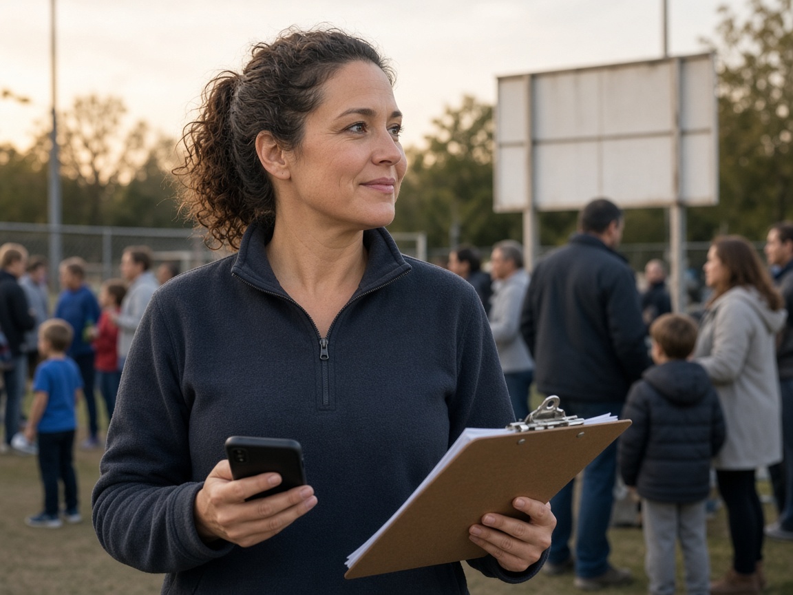 A local sports organizer holds a clipboard and phone at a community field