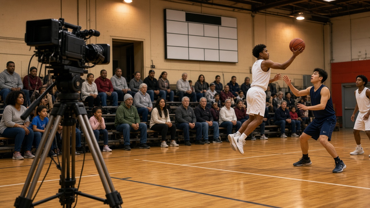 A camera on a tripod films a community basketball game while families watch from the bleachers