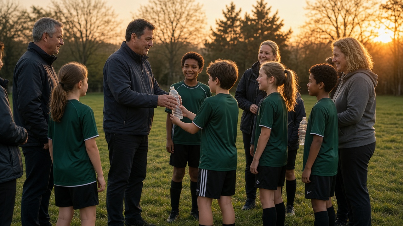 A local business owner hands water to youth soccer players after a game while families look on