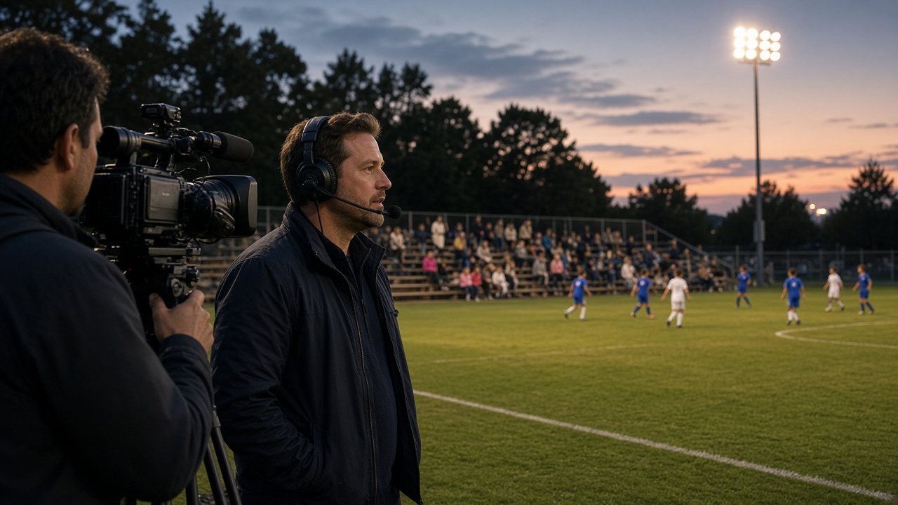 A commentator and camera operator cover a youth soccer game at dusk