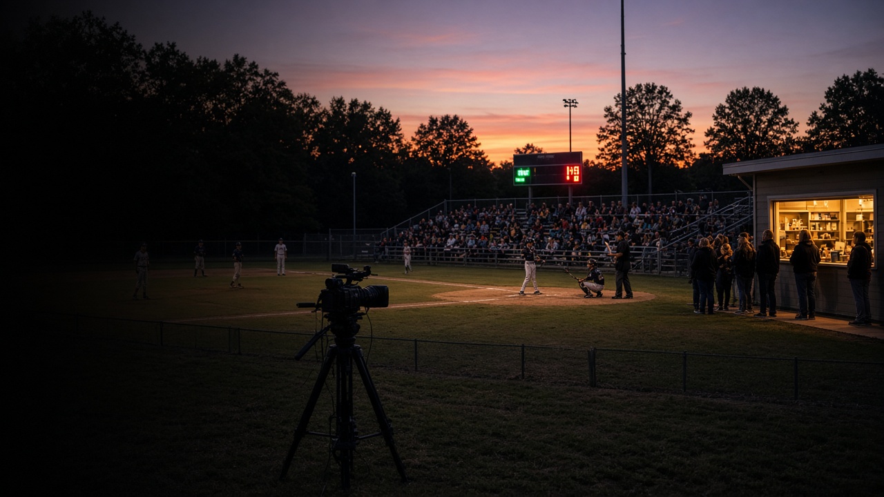 A camera films a community baseball game at sunset, with a scoreboard, full bleachers, and a concession stand