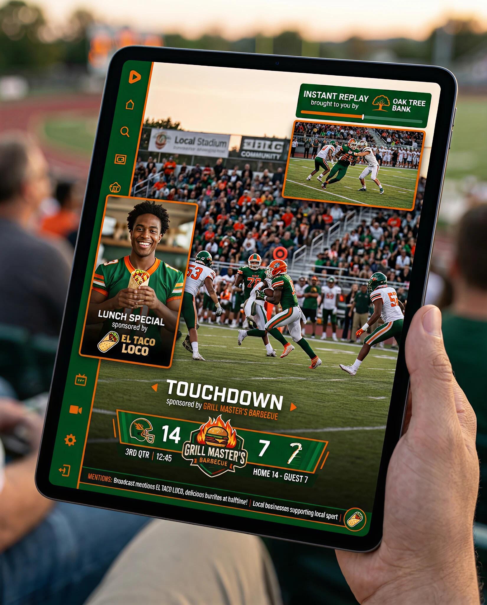 Tablet showing a live stream app with sponsor placements