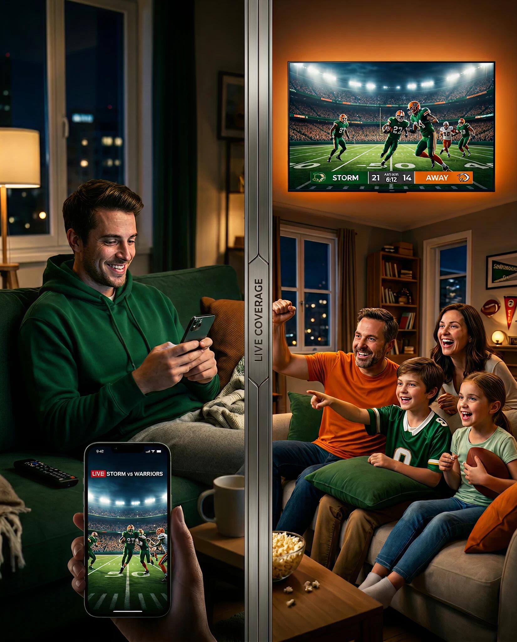 Fans watching a live sports stream on TV and mobile