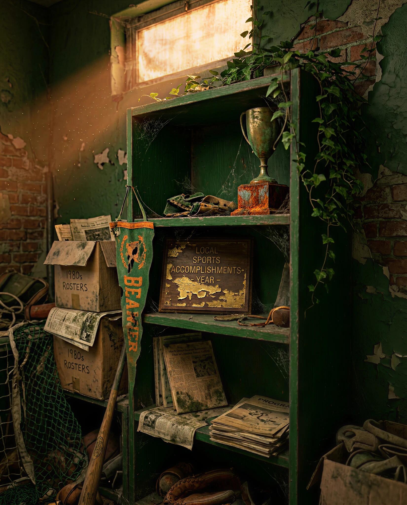 Abandoned trophy shelf with old sports memorabilia