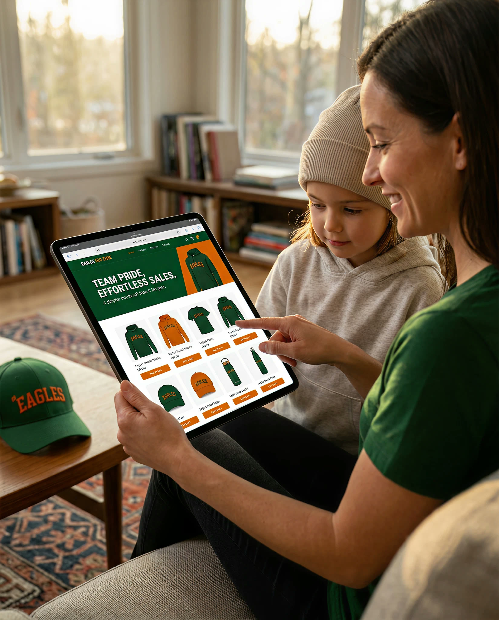 Parent and child browsing team apparel and fan gear on a tablet