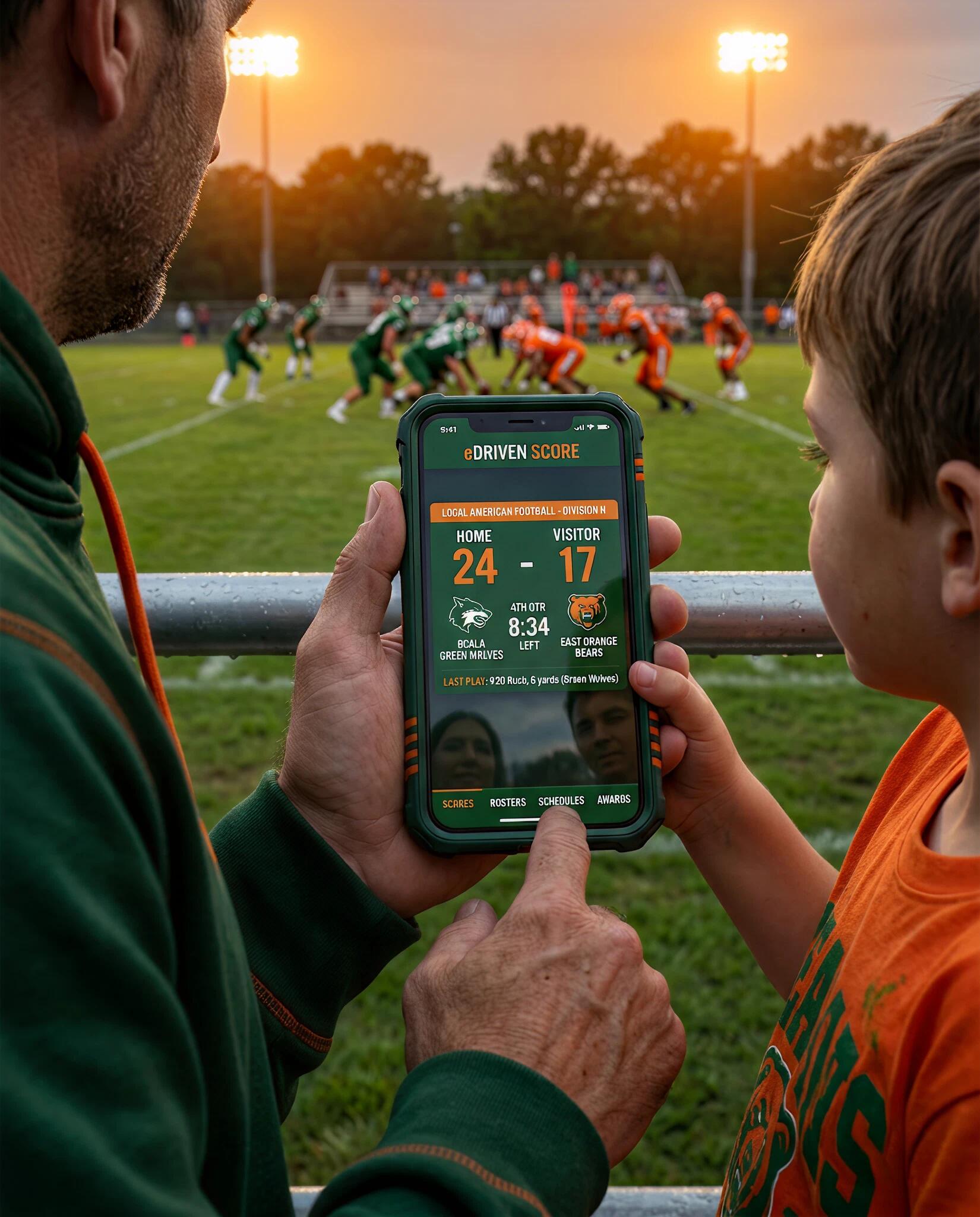 Father and son at a game viewing the virtual scoreboard on a phone