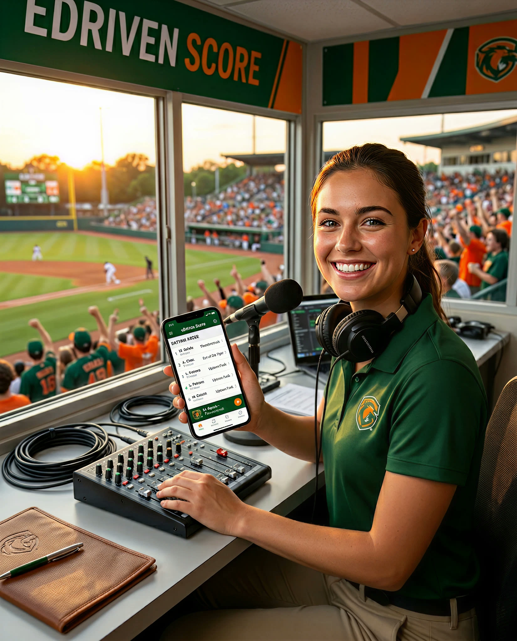 Announcer in a press box managing walk-up music from a phone next to a mixing board